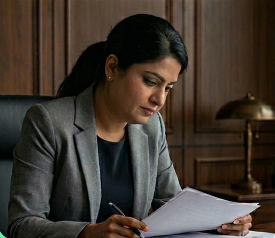 A consultant reviewing documents at her desk